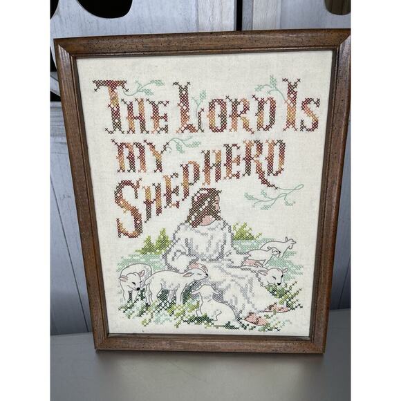 Vintage The Lord is My Shepherd Cross Stitch Wall Art Wood Frame - Picture 1 of 4